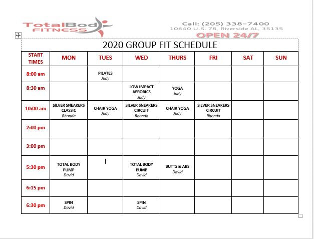 Group Fitness And Class Schedule - Total Body Fitness